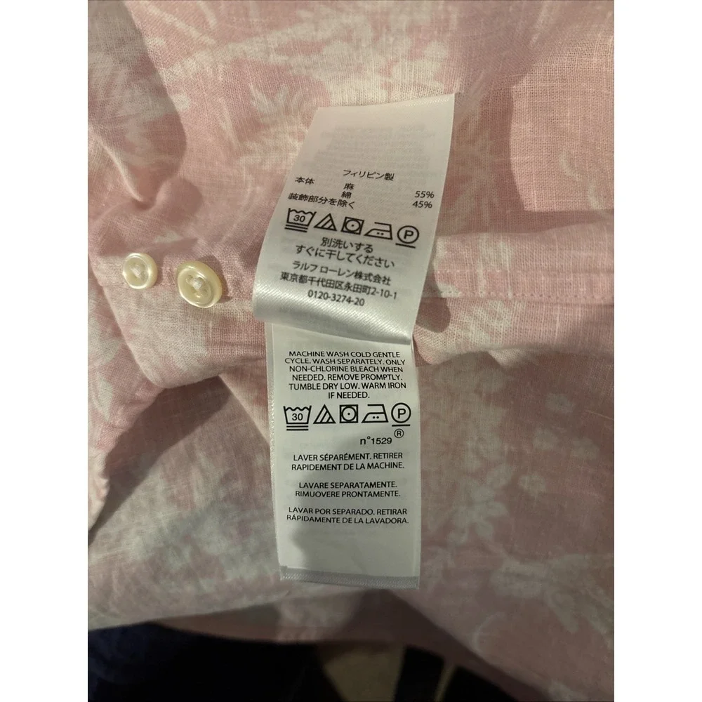 Polo Ralph Lauren Shirt Men L Pink Hawaiian Cotton Linen Classic Fit Button Up
